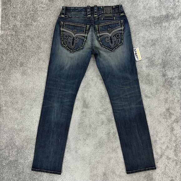 Rock Revival Jeans Mens 32x33 Blue Kirk Side Alt Straight Distressed Stitch - Picture 13 of 15